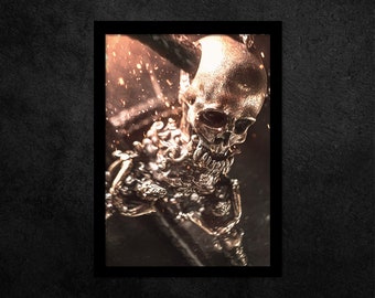 Evil Within Skeleton Skull en bronce y llama azul impresión / cartel de descarga digital / Compre 1 y obtenga 1 gratis