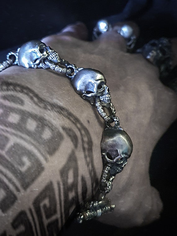 Handmade 925 Sterling Silver Biker Rock Skull Bracelet – Sunken Skull