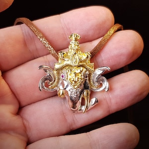 Extremely Detailed Decorative Lord Ganesha Head Pendant | 925 Sterling Silver Gold Plated with Ruby Eyes