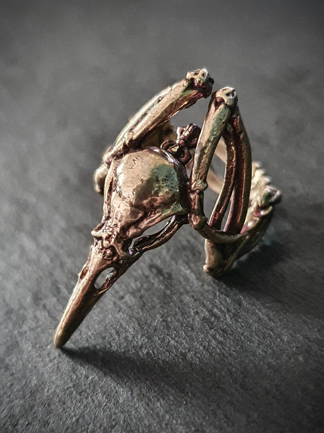 Crow Raven Gothic Adjustable Skull Ring With Skeleton Wings | 925