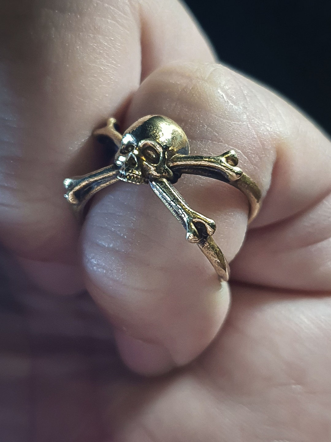 Cute Cross Bones Adjustable Dainty Skull Ring on X-frame | Brass