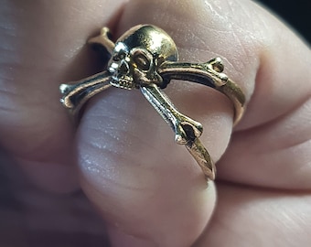 Cute Cross Bones Adjustable Dainty Skull Ring on X-Frame | Brass and 925 Sterling Silver | For Women