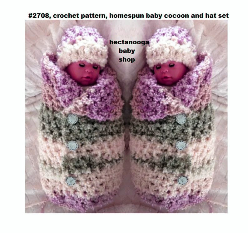 May include: A crochet pattern for a baby cocoon and hat set. The set is made in a pink, purple and grey colour scheme. The cocoon has buttons down the front and the hat is a simple beanie style.