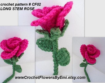 Crochet flower PATTERN, Long Stem Rose, Crochet leaves, Trim, applique, embellishments.  Flower accessories, wedding decor.  #CF02