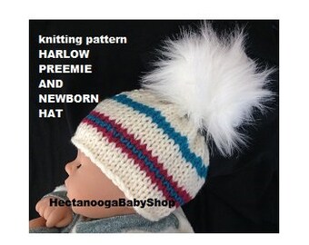 KNIT HAT PATTERN, Preemie and Newborn baby hat, Easy beginner level, flat knit.  Harlow Baby cap, Knitting For Baby, new baby gift