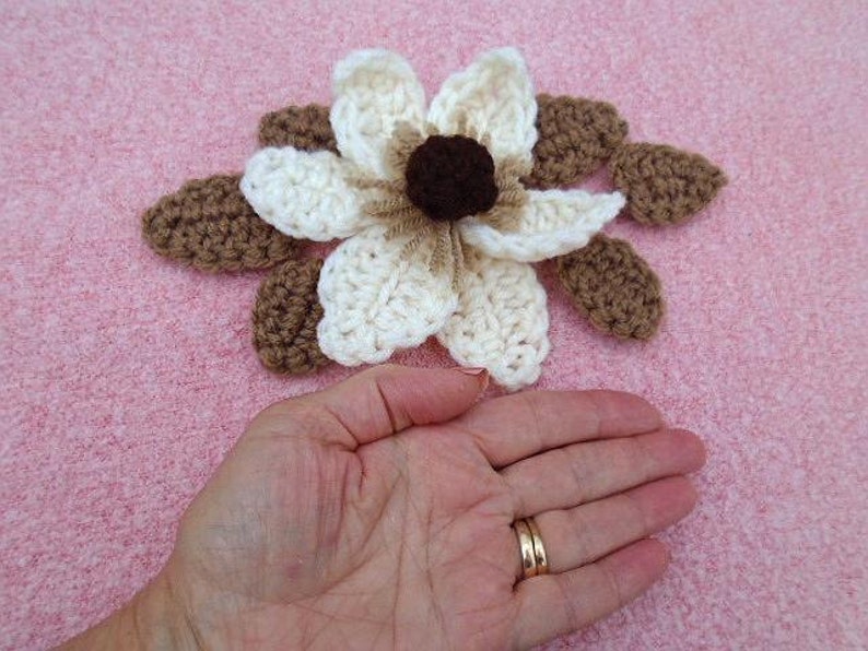 Crochet FLOWER PATTERN, MAGNOLIA, leaves, crochet pattern, applique, trims, Crochet Flower Applique Sewing and Knitting embellishments, CF01 image 3