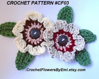 Crochet flower PATTERN, corsage, brooch, hairpin, Country Style Flower and Leaves, Sewing, crochet, knitting applique embellishments, #CF03,