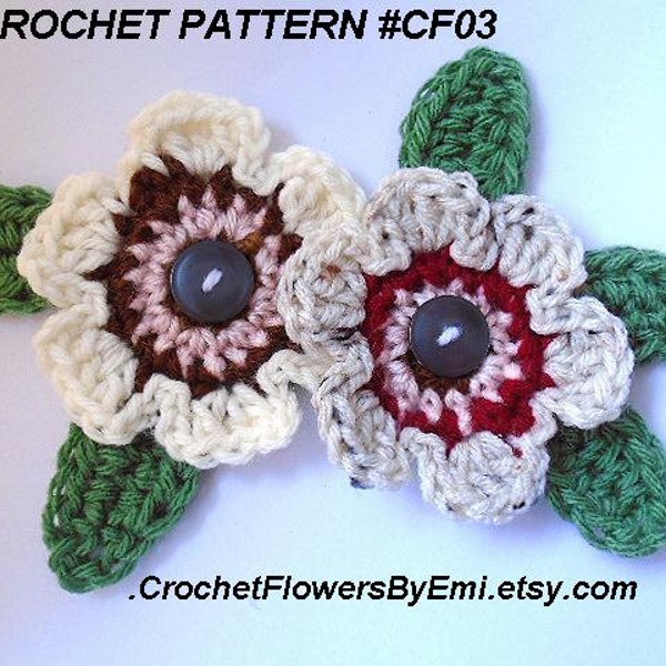 Crochet flower PATTERN, corsage, brooch, hairpin, Country Style Flower and Leaves, Sewing, crochet, knitting applique embellishments, #CF03,