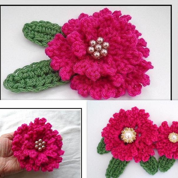 Crochet FLOWER PATTERN, crochet brooch, hairpins, corsage, Hot Pink Ruffled Flower and leaves, appliques and trims,  embellishments, # CF07