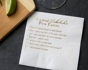Fun Facts Personalized Wedding Napkins - Bridal Shower - Rehearsal Dinner - Engagement Party Napkins - Wedding Bar Napkins