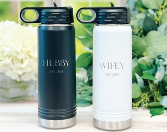 Hubby and Wifey Water Bottle Gift Set, Engagement Set, Wedding Gift, Honeymoon Present, Laser Engraved