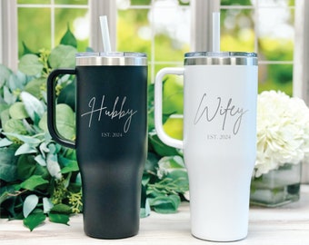 Hubby and Wifey Script 40oz Tumbler Gift Set, Engagement Set, Wedding Gift, Honeymoon Present, Laser Engraved