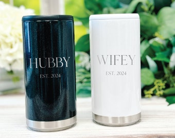 Hubby and Wifey Can Cooler Gift Set, Engagement Set, Wedding Gift, Honeymoon Present, Laser Engraved