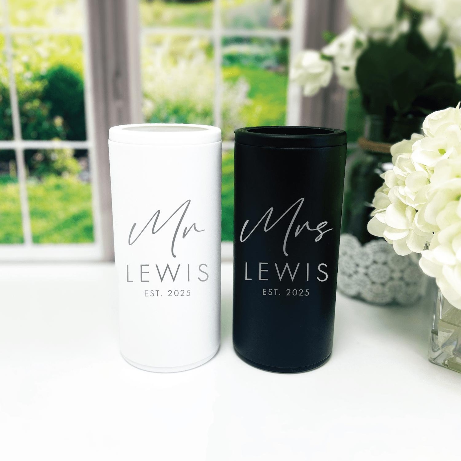 Skinny Can Cooler Set: Personalized Mr and Mrs - Laser Engraved