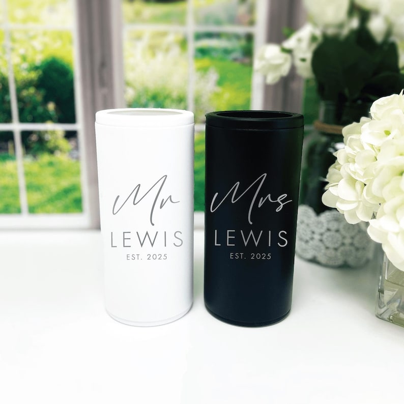 Personalized Mr and Mrs Can Cooler- 1blk 1 white