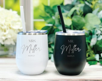 Personalized Mr and Mrs Wine Tumbler Gift Set, Engagement Set, Wedding Gift, Honeymoon Present, Laser Engraved