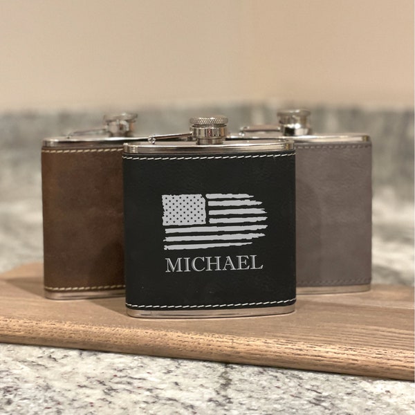 American Flag Personalized Leather Flask, Laser Engraved Flask, Personalized Gift for Dad, Leatherette Flask, Gift for Bartender