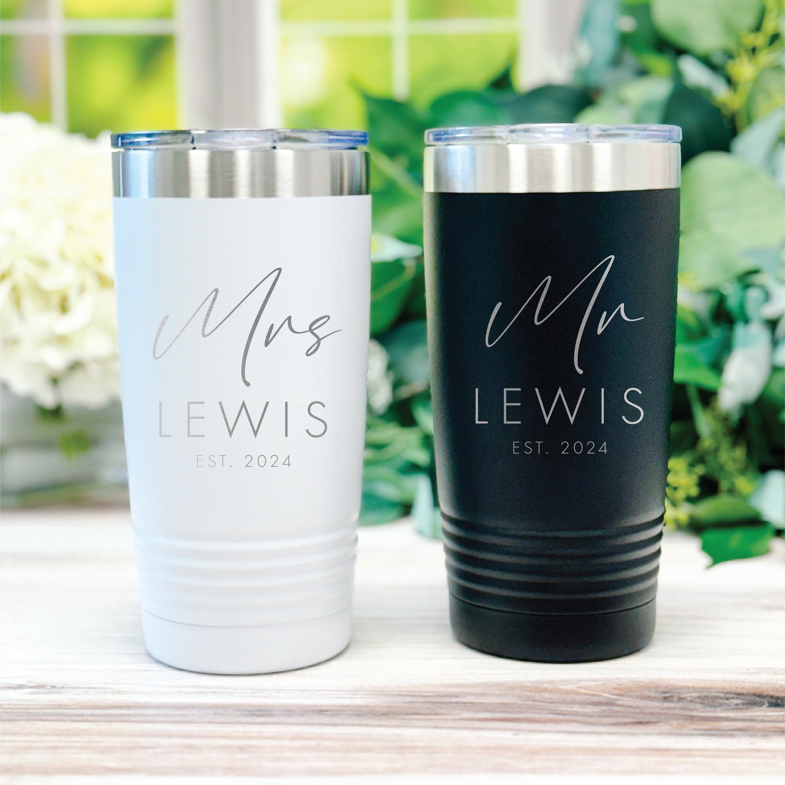 Mr and Mrs Tumblers, Personalized Wedding Drinkware (20oz & 30oz) - 1 White / 1 Black, 20oz w/ Standard Lid