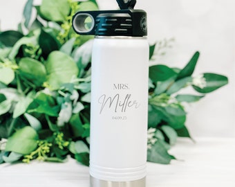 Bride's Laser Engraved Water Bottle, Personalized Wedding Date (20oz-40oz)