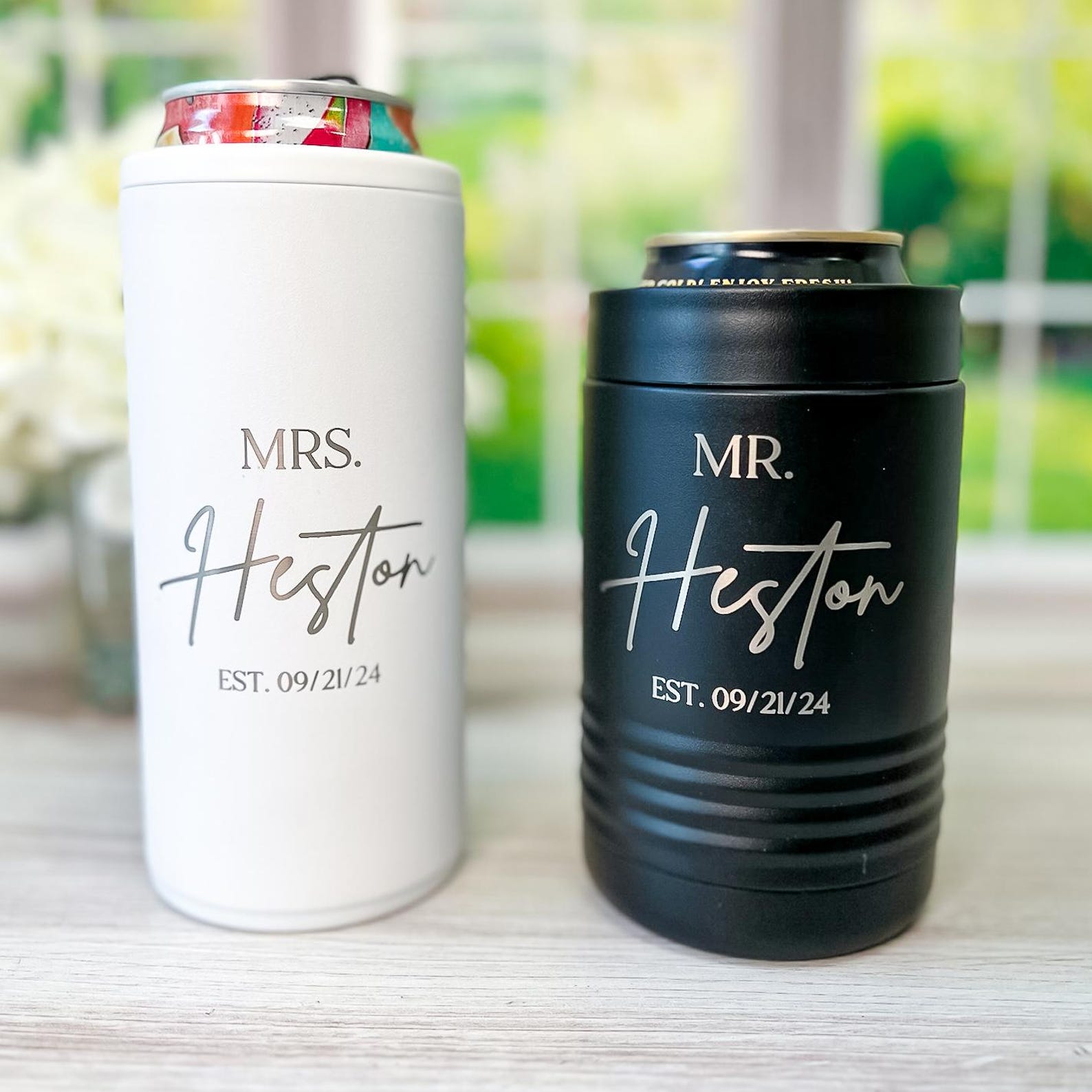 Personalized Mr and Mrs Can Cooler Set: Laser Engraved Wedding Gift - 1 Skinny / 1 Std