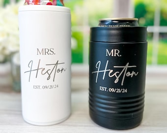 Personalized Mr and Mrs Can Cooler Set: Laser Engraved Wedding Gift