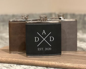 Dad Personalized Leather Flask, Laser Engraved Flask, Personalized Gift for Dad, Leatherette Flask, Gift for Bartender