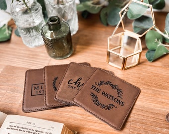 Personalized Leather Coasters Set, Set of 6 Personalized Coasters, Drink Coaster, Custom Coaster, Vegan Leatherette Leather Coasters