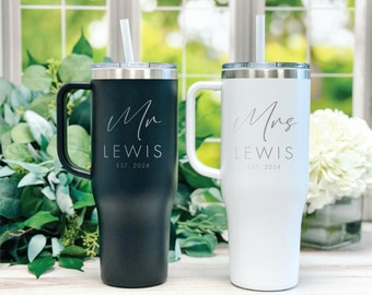 Personalized Mr and Mrs 40oz Tumbler Gift Set, Engagement Set, Wedding Gift, Honeymoon Present, Laser Engraved