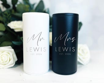 Skinny Can Cooler Set: Personalized Mr and Mrs - Laser Engraved