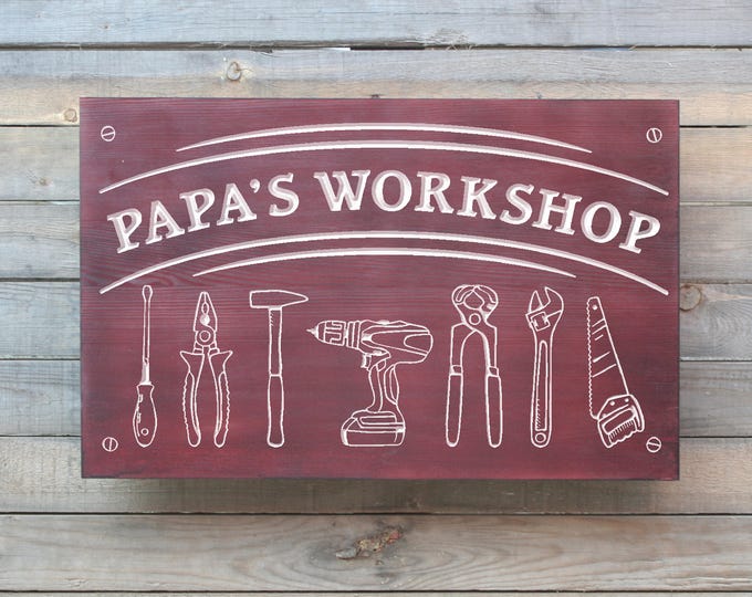 Grandpa's Workshop or Papa's Workshop, Hand Routed with Hammer Design, Personalized Name sign, Wooden Papa Sign, Gift for Him, Male Gift