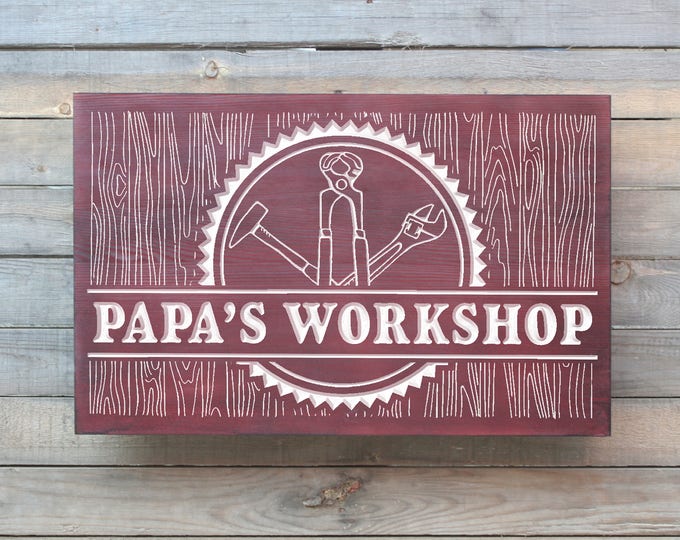 Papa's Workshop or Grandpa's Workshop, Hand Routed with Tools Design, Personalized Name sign, Wooden Papa Sign, Gift for Him, Male Gift