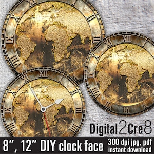 Op de afbeelding: Drie gouden klokgezichten met een wereldkaartontwerp. De klokgezichten hebben een diameter van 20,3 cm en 30,5 cm. De klokgezichten zijn digitale downloads in jpg- en pdf-formaat.