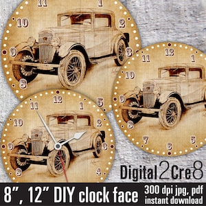Könnte beinhalten: Druckbarer Zifferblattmuster mit einem Oldtimer in Sepiatönen. Das Zifferblatt hat einen Durchmesser von 8 Zoll und 12 Zoll. Das Design ist als 300 dpi jpg und pdf-Datei verfügbar.