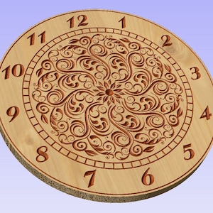 May include: A wooden clock face with a decorative, intricate, brown floral design in the center. The clock face has Roman numerals around the edge.