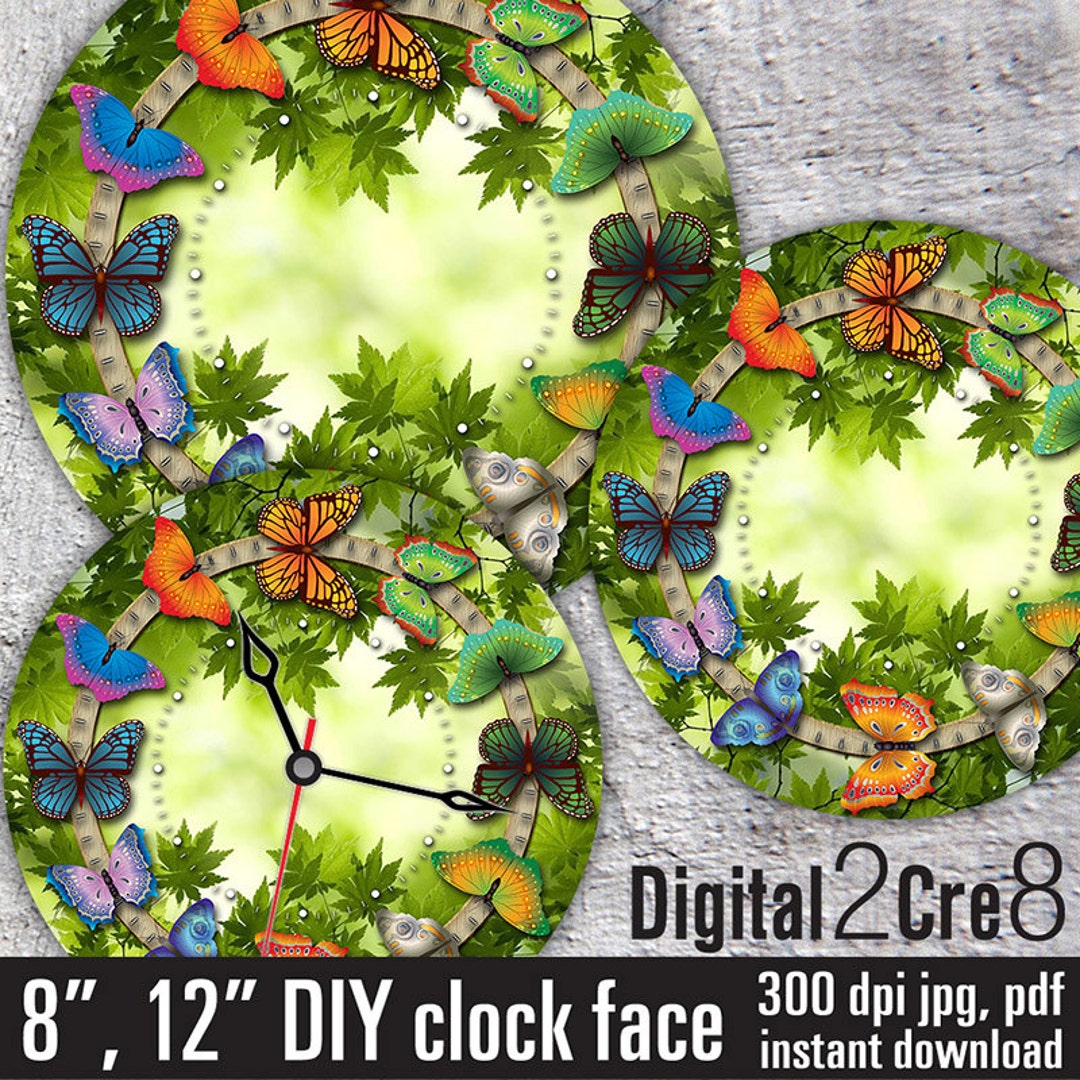 Butterfly Large Clock Face 12 and 8 Digital Downloads DIY Printable