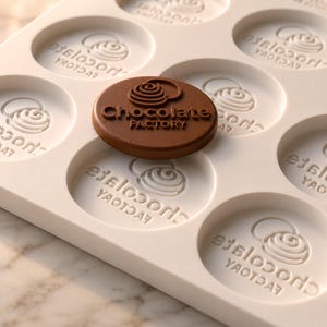 May include: A white silicone mold with multiple circular cavities, each featuring an embossed swirl icon and the text "Chocolate FACTORY". A single brown circular chocolate piece with the same embossed design rests on the mold surface.