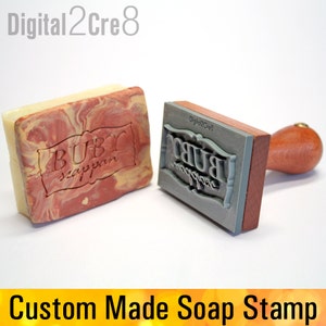 Personalized soap stamp to imprint custom logo or graphic. Crisp and Clear, sharp edges, durable hardwood handle.