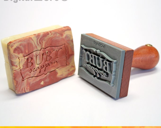 Personalized soap stamp to imprint custom logo or graphic. Crisp and Clear, sharp edges, durable hardwood handle.