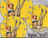 Pin-Up Girl vintage Clock Face - 12 quot and 8 quot Digital Downloads - DIY - Printable Image - Iron On Transfer - Wall Decor - Crafts - jpg pdf