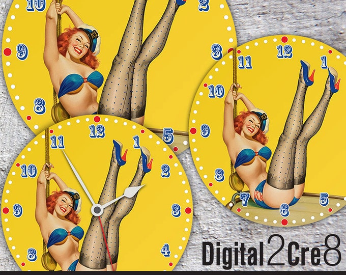 Pin-Up Girl vintage Clock Face - 12" and 8" Digital Downloads - DIY - Printable Image - Iron On Transfer - Wall Decor - Crafts - jpg+pdf