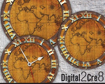 World map antique Large Clock Face - 12" and 8" Digital Downloads - DIY - Printable Image - Iron On Transfer - Wall Decor - Crafts - jpg+pdf