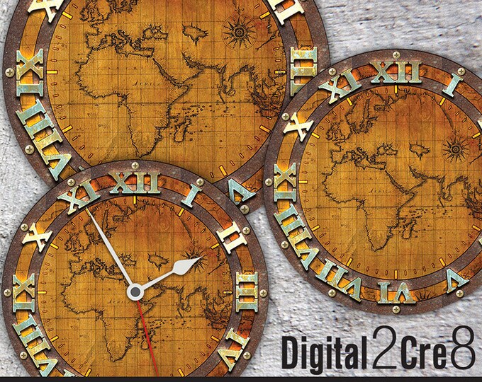 World map antique Large Clock Face - 12" and 8" Digital Downloads - DIY - Printable Image - Iron On Transfer - Wall Decor - Crafts - jpg+pdf