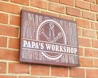 Papa's Workshop or Grandpa's Workshop, Hand Routed with Tools Design, Personalized Name sign, Wooden Papa Sign, Gift for Him, Male Gift