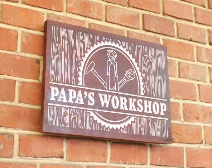 Papa's Workshop or Grandpa's Workshop, Hand Routed with Tools Design, Personalized Name sign, Wooden Papa Sign, Gift for Him, Male Gift