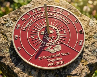 Personalized 35th Anniversary Gift for Parents, Coral Anniversary Sundial, Custom Garden Gift for Couple, Brass Outdoor Decor