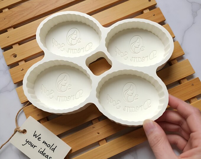 Custom Logo Soap Mold, Personalized Business Silicone Mould, 4 Cavity Oval Fluted Craft Supply, Pro Cold Process Melt Pour Bar Tool
