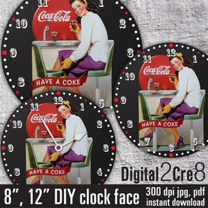 Coca Cola-wijzerplaat - 12" en 8" digitale downloads - doe-het-zelf - afdrukbare afbeelding - opstrijkbare transfer - muurdecoratie - ambachten - jpg+pdf