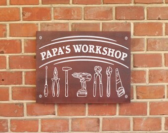 Grandpa's Workshop or Papa's Workshop, Hand Routed with Hammer Design, Personalized Name sign, Wooden Papa Sign, Gift for Him, Male Gift