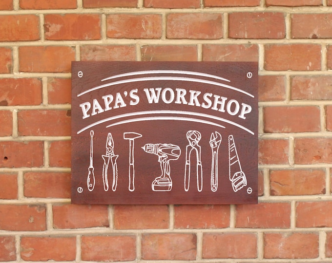 Grandpa's Workshop or Papa's Workshop, Hand Routed with Hammer Design, Personalized Name sign, Wooden Papa Sign, Gift for Him, Male Gift