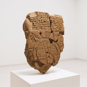Puede incluir: Una tableta de arcilla marrón con escritura cuneiforme y un diseño de mapa circular. El antiguo artefacto se exhibe sobre un pedestal blanco sobre un fondo blanco. La tableta está rota y tiene una textura rugosa.